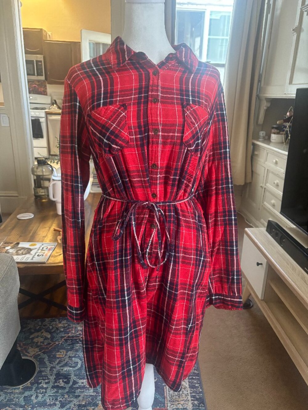 Merona Red Black Plaid Belted Shirt Dress M Long Sleeve